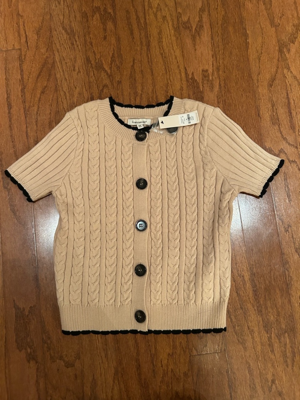 Francesca's Tan Short-Sleeve Cable Cardigan with Black Trim